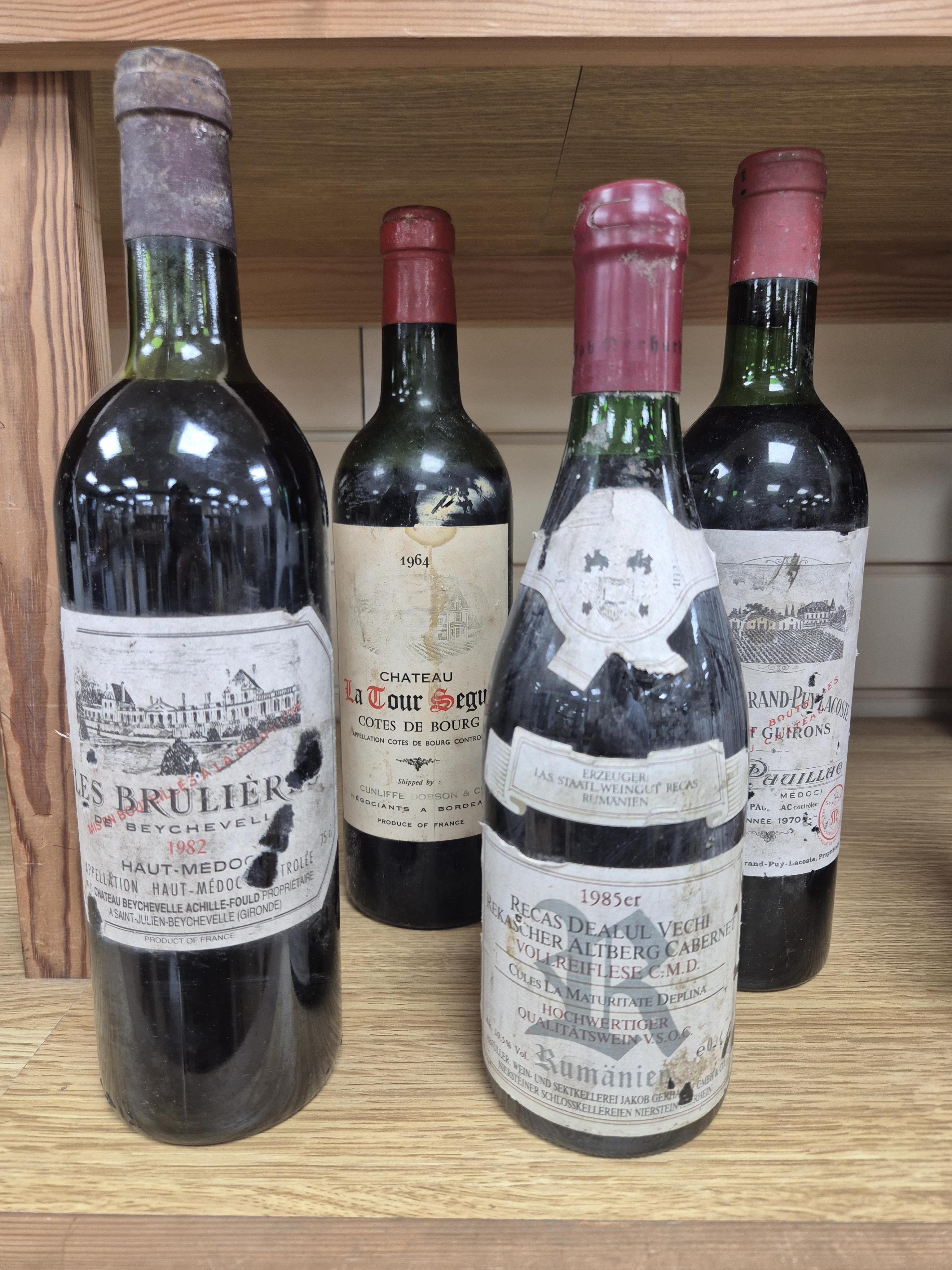 Four bottles of red wine; Chateau La Tour Seguy, 1964, Les Brulier Haut-Medoc, 1982, Chateau Grand-Puy Lacoste, 1970, and Recas Dealul Vechi Rekascher Altberg Cabinet Vollreiflese CMD, 1985
